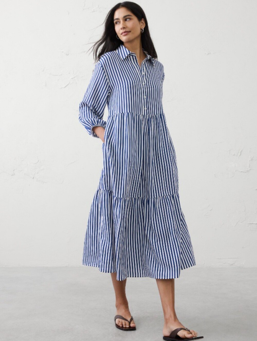 NWT Banana Republic Factory Navy/Creme Stripe Tiered Midi Shirtdress Size XXS/P